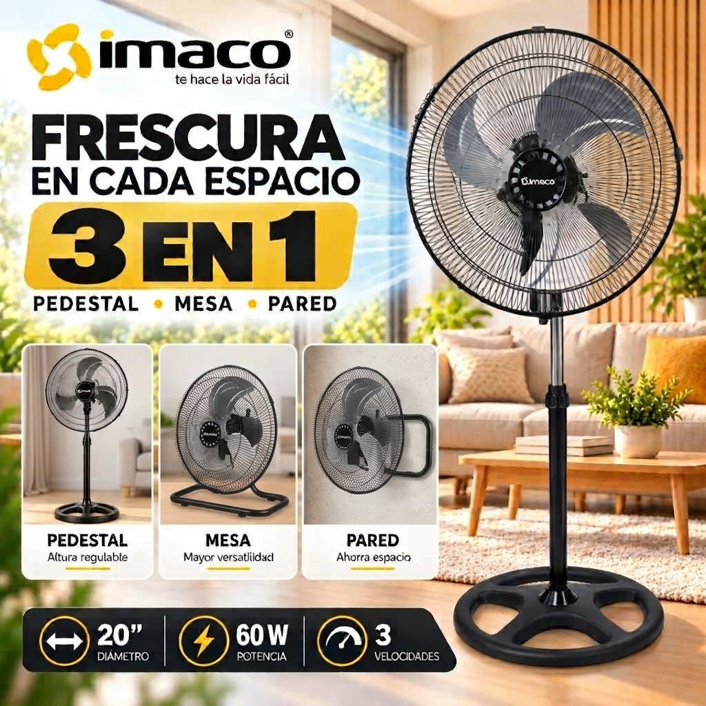 Ventilador Imaco 3 en 1 FSM2060 20" 60W Pedestal Mesa y Pared