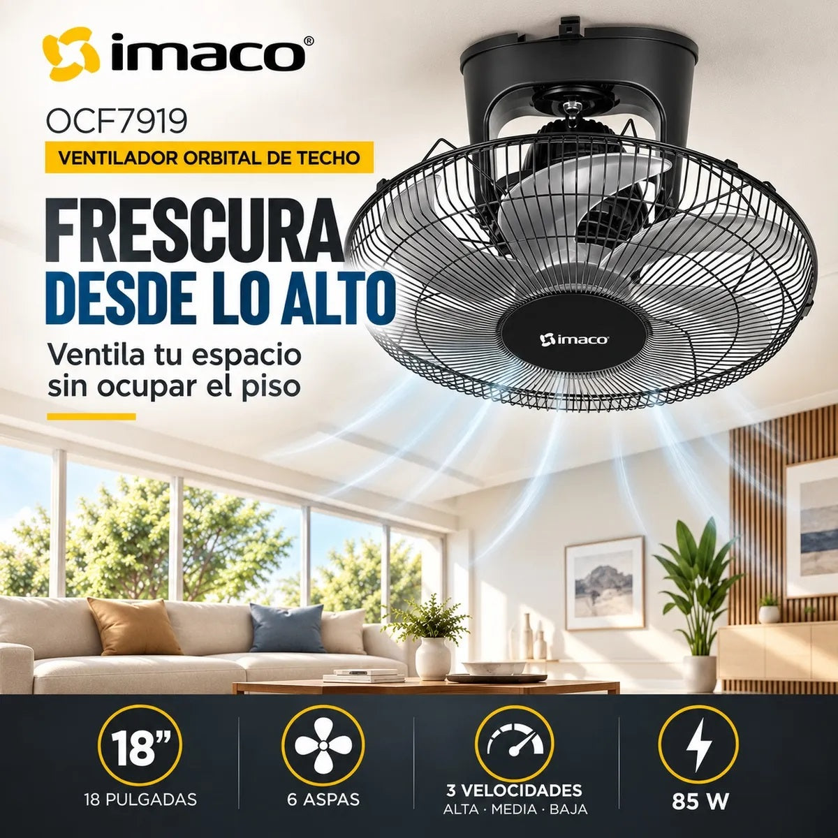 Ventilador Orbital de Techo IMACO OCF7919 18" 6 Aspas 3 Velocidades 85 W