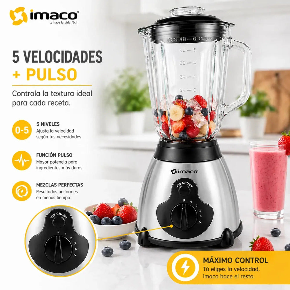 Licuadora Imaco BLS509 1.5L 450W Vaso de Vidrio + 5 Velocidades + Función Pulso