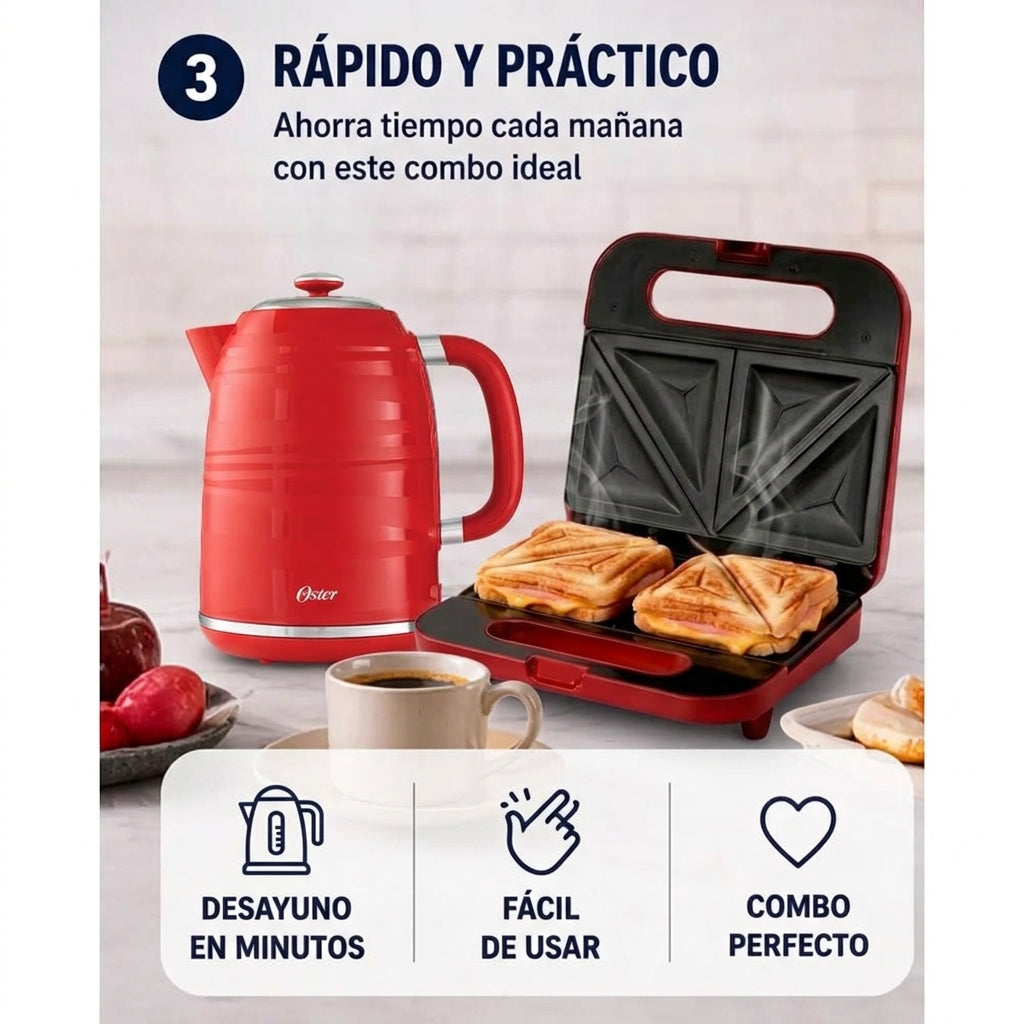 Combo Oster Sandwichera + Hervidor Eléctrico 1.7L | Desayuno Completo Rápido y Práctico CKSTSM2885R y BVSTKT4177R