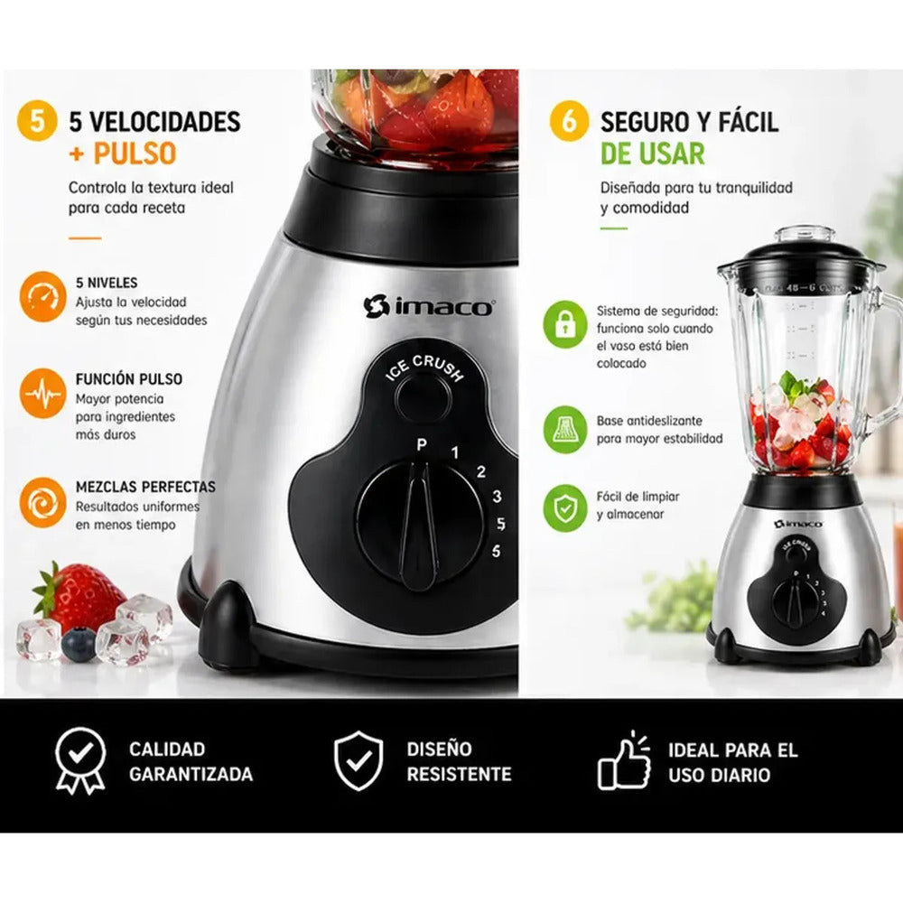 Licuadora Imaco BLS509 1.5L 450W Vaso de Vidrio + 5 Velocidades + Función Pulso