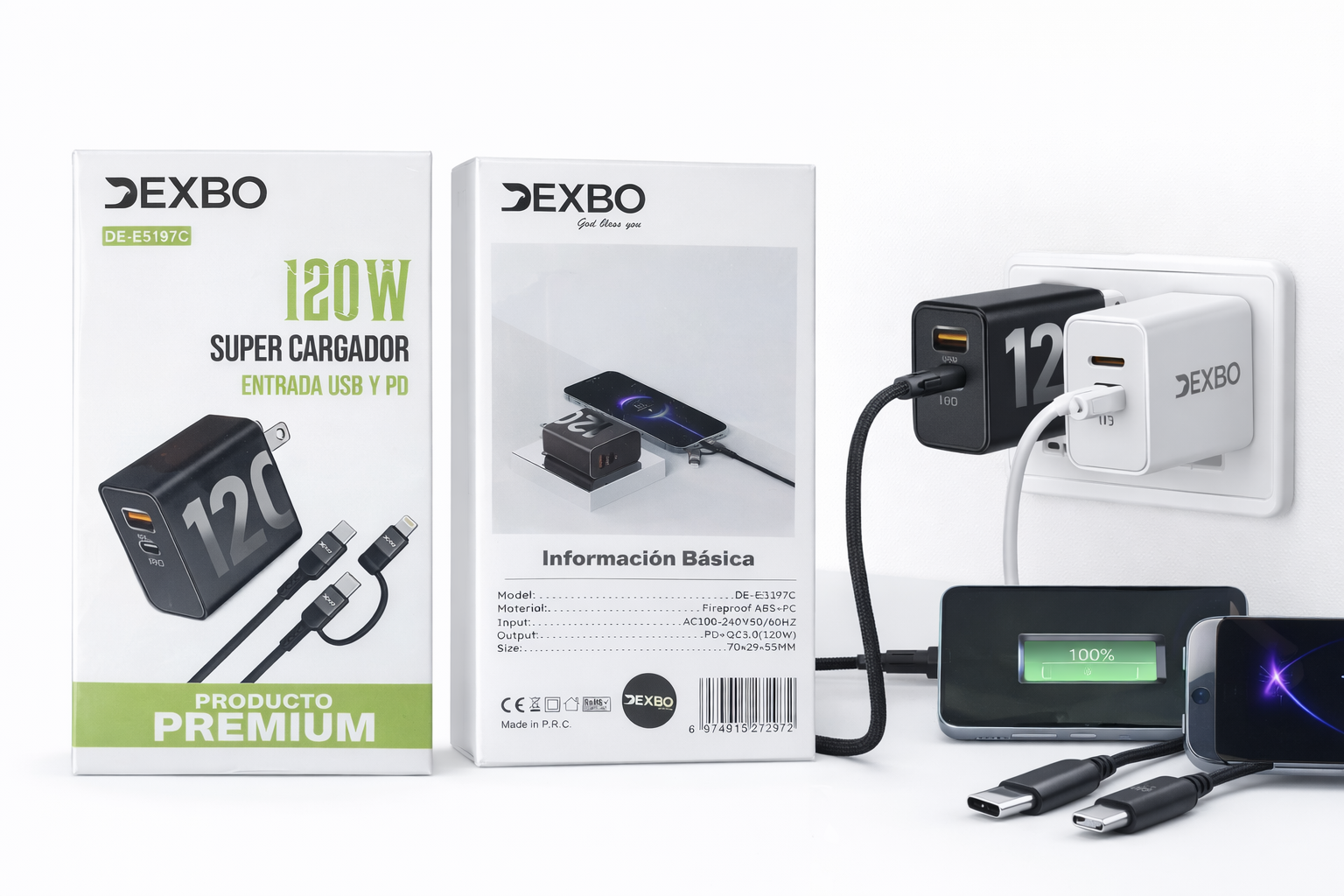 Cargador Rápido DEXBO 120W USB + PD Power Delivery Modelo DE-E5197C