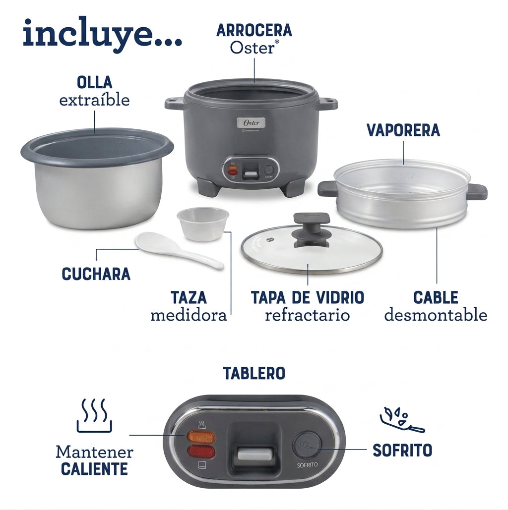 Olla Arrocera Oster 3 en 1 2.2L (12 Tazas) con Sofrito y Vaporera Antiadherente CKSTRC12DFSKE