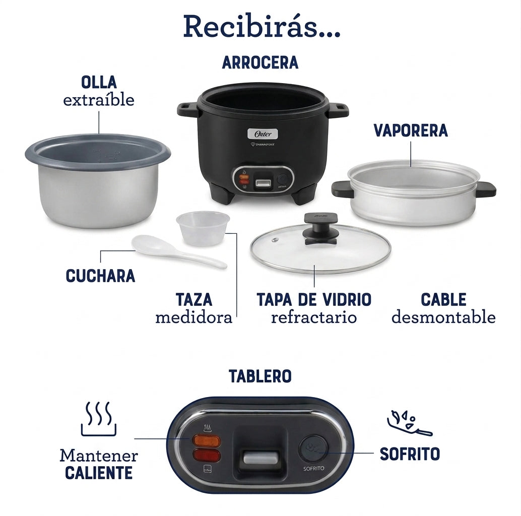Arrocera Oster 10 Tazas 3 en 1 con Sofrito y Vaporera - Antiadherente DiamondForce CKSTRC10DFBLK