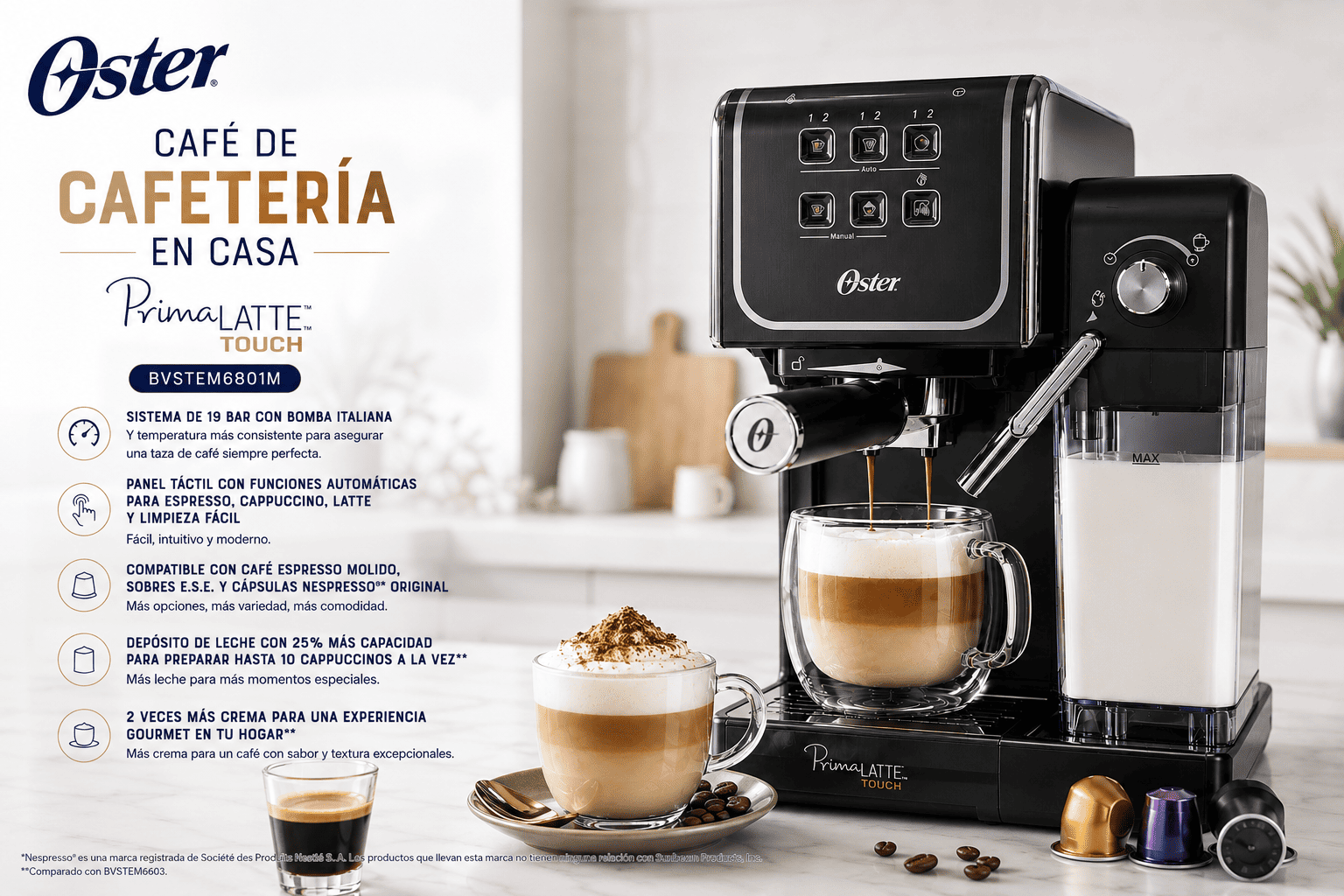 Cafetera Oster Prima Latte Touch BVSTEM6801M Con Bomba Italiana Compatible Cappuccino Latte Espresso