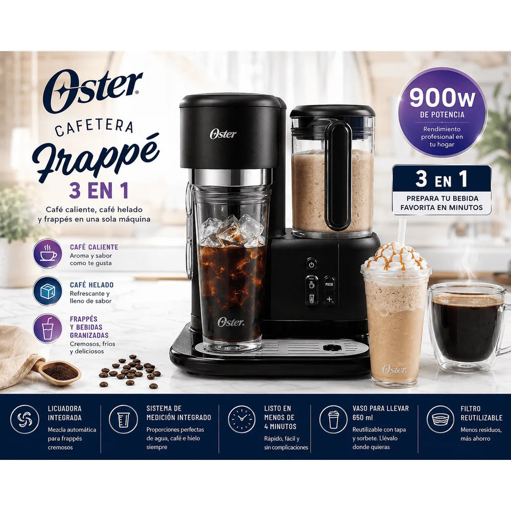 Cafetera Frappé Oster BVSTDC03B 3 en 1 Con Licuadora Integrada 900W Vaso 650ml