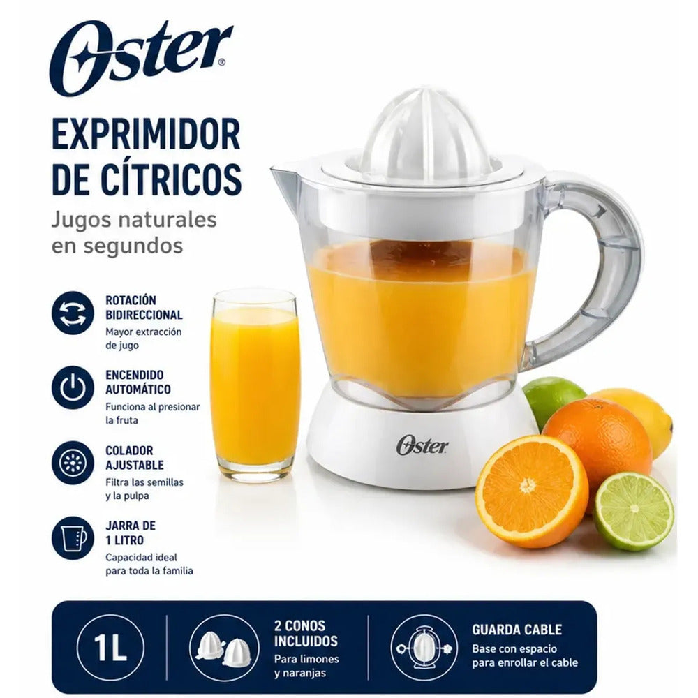 Exprimidor de Cítricos Oster 1L FPSTJU407W Automático + 2 Conos - Jugo Natural Sin Semillas Blanco