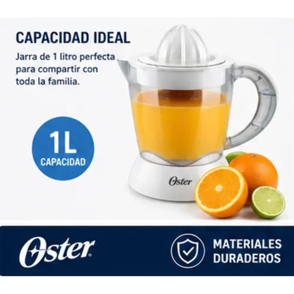 Exprimidor de Cítricos Oster 1L FPSTJU407W Automático + 2 Conos - Jugo Natural Sin Semillas Blanco