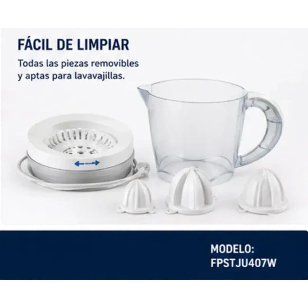 Exprimidor de Cítricos Oster 1L FPSTJU407W Automático + 2 Conos - Jugo Natural Sin Semillas Blanco