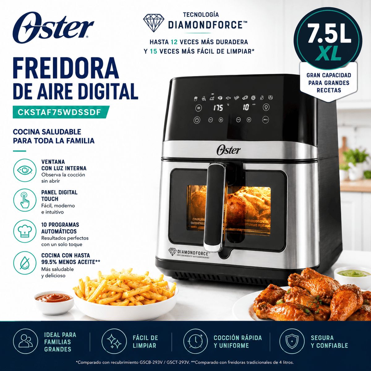 Freidora de Aire Oster CKSTAF75WDSSDF 7.5L Digital DiamondForce Ventana Luz Interna