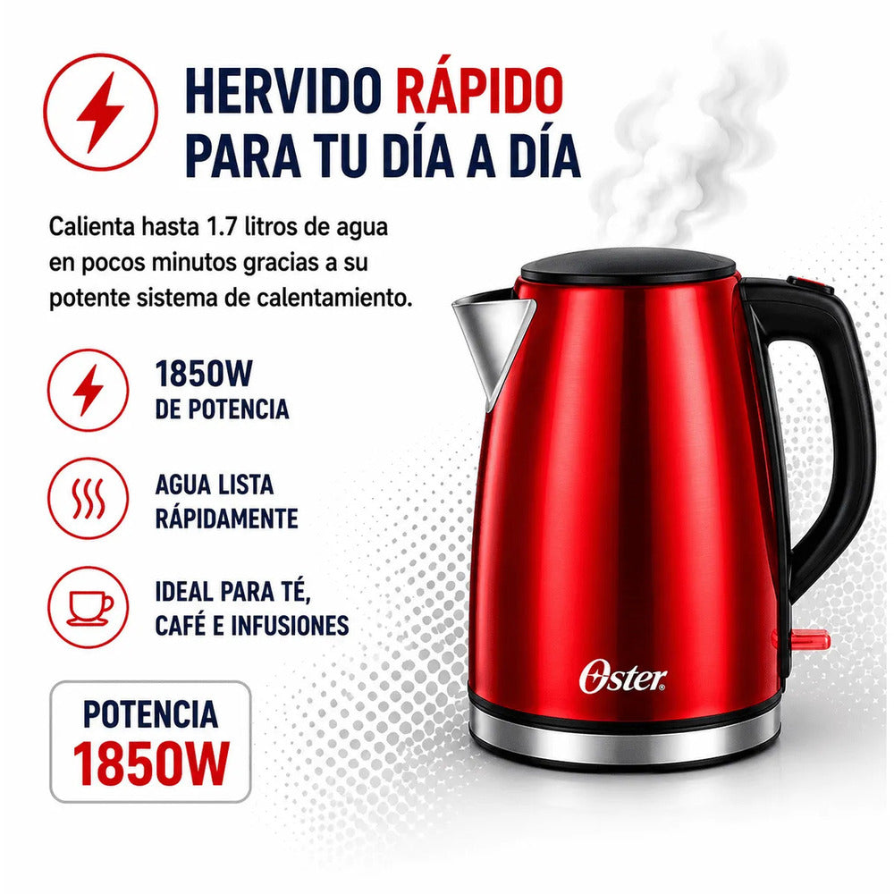 Hervidor Eléctrico Oster BVSTKT673CR 1.7 Litros Acero Inoxidable Rojo Base 360° Apagado Automático