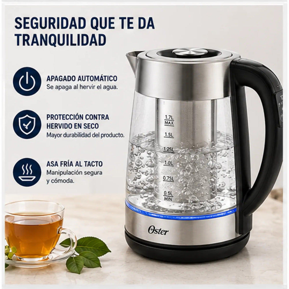 Hervidor Oster BVSTKT8990 de Vidrio 1.7 Litros con Infusor para Té y 5 Niveles de Temperatura