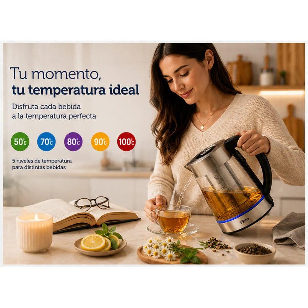 Hervidor Oster BVSTKT8990 de Vidrio 1.7 Litros con Infusor para Té y 5 Niveles de Temperatura