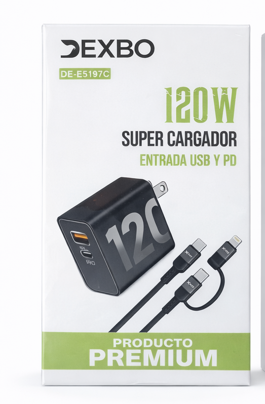 Cargador Rápido DEXBO 120W USB + PD Power Delivery Modelo DE-E5197C