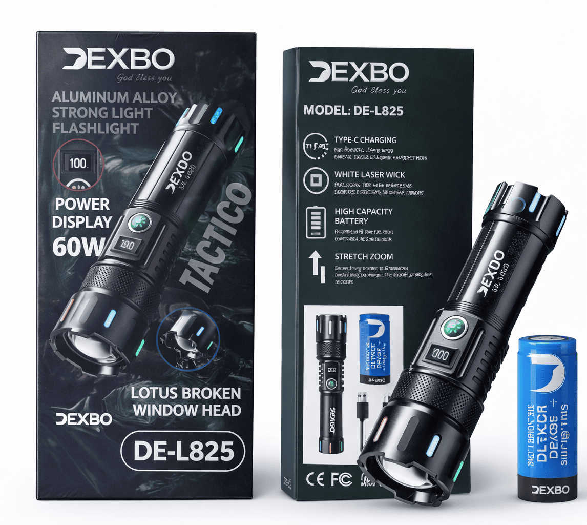 Linterna Táctica DEXBO 60W Recargable Type-C Zoom Modelo DE-L825
