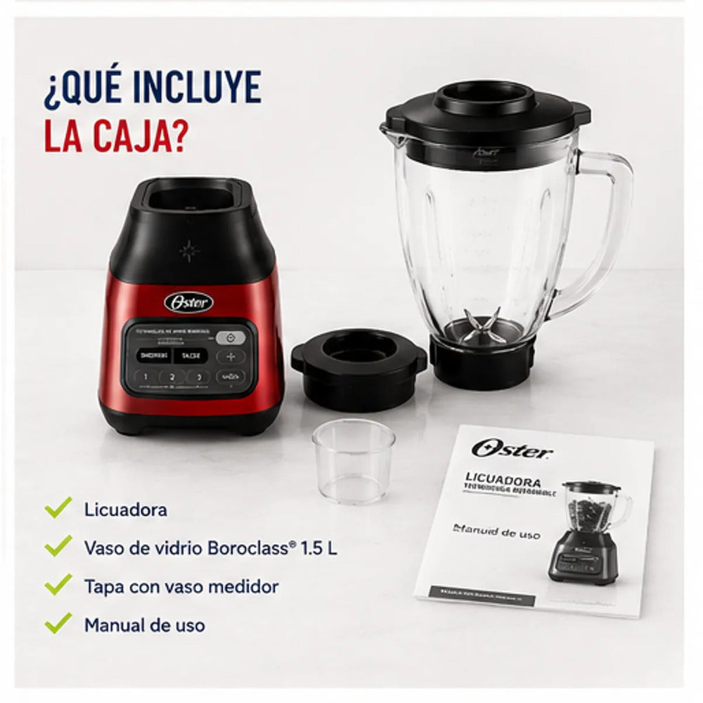 Licuadora Oster BLSTPEG CRT Tecnología Reversible 800W Vaso de Vidrio 1.5L 3 Velocidades Rojo