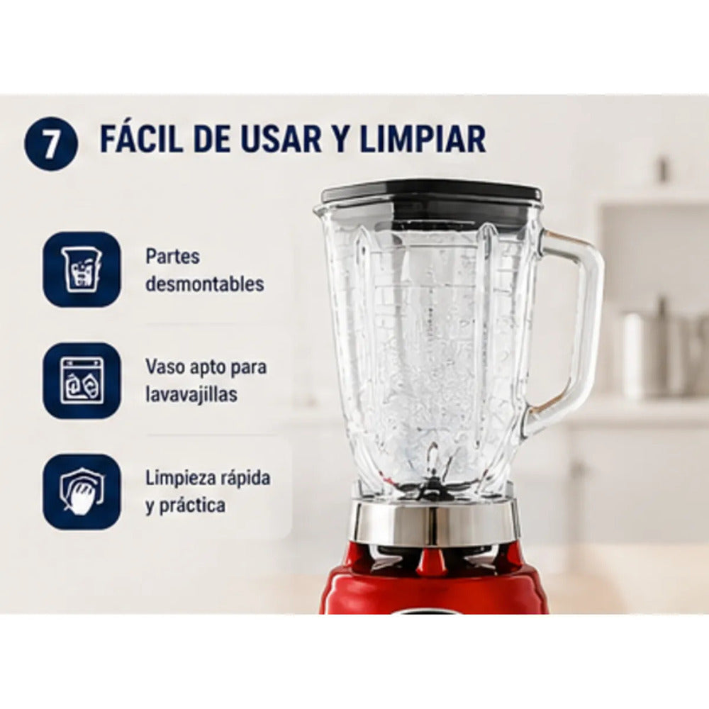 Licuadora Oster BLST4126R 1.25L 3 Velocidades Vaso de Vidrio Boroclass 1000W Roja