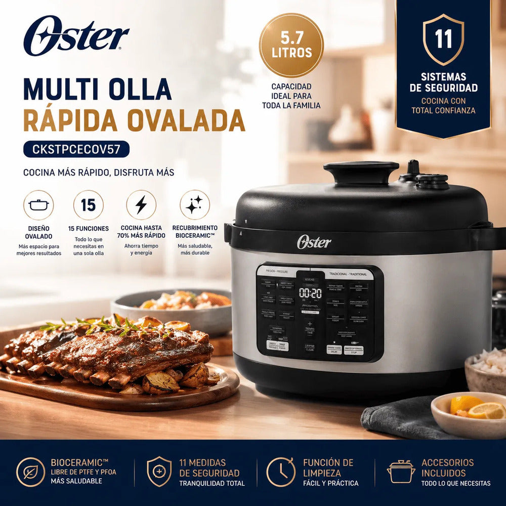 Olla Multifunción Oster CKSTPCECOV57 5.7L Ovalada 15 Funciones Bioceramic Multiolla Rápida