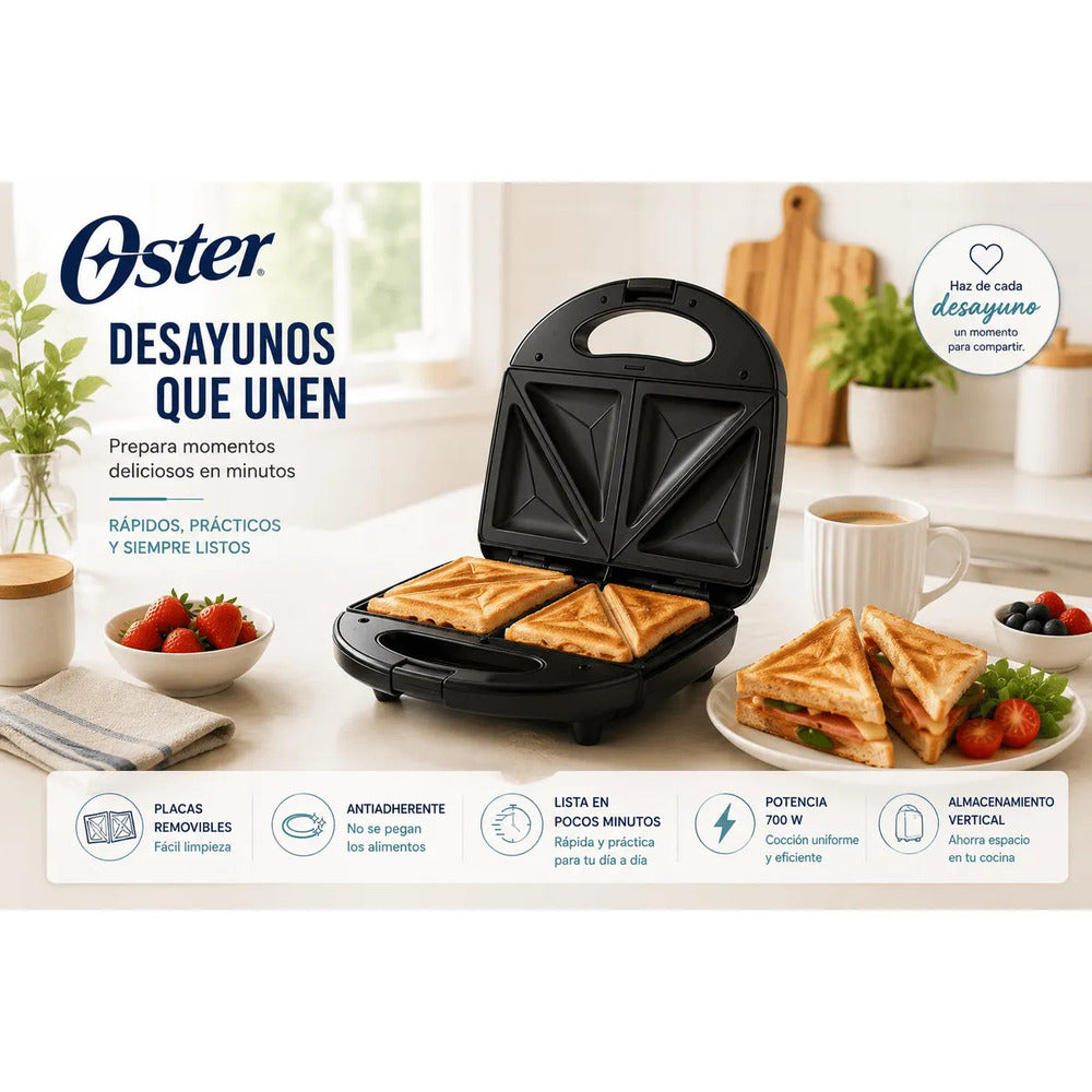Sandwichera Oster CKSTSM3891 con Placas Removibles Antiadherentes 700W para 2 Sandwiches Original