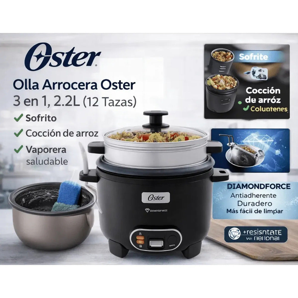 Olla Arrocera Oster 3 en 1 2.2L (12 Tazas) con Sofrito y Vaporera Antiadherente CKSTRC12DFBLK
