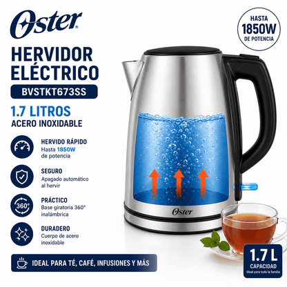 Hervidor Eléctrico Oster BVSTKT673SS 1.7L Acero Inoxidable 2200W Base 360°