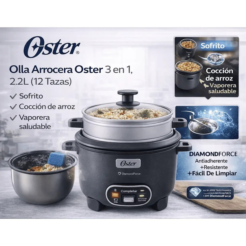 Olla Arrocera Oster 3 en 1 2.2L (12 Tazas) con Sofrito y Vaporera Antiadherente CKSTRC12DFSKE