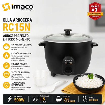 Olla Arrocera Imaco RC15N 1.5L 500W  Cocina Automática + Función Mantener Caliente  Incluye Taza y Cuchara