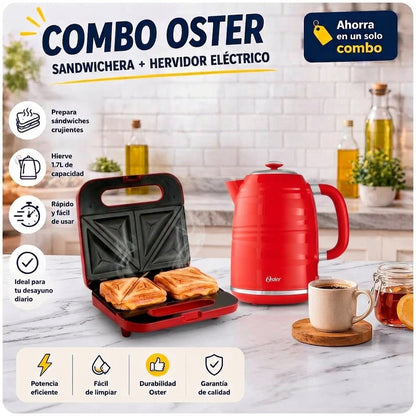 Combo Oster Sandwichera + Hervidor Eléctrico 1.7L | Desayuno Completo Rápido y Práctico CKSTSM2885R  y BVSTKT4177R