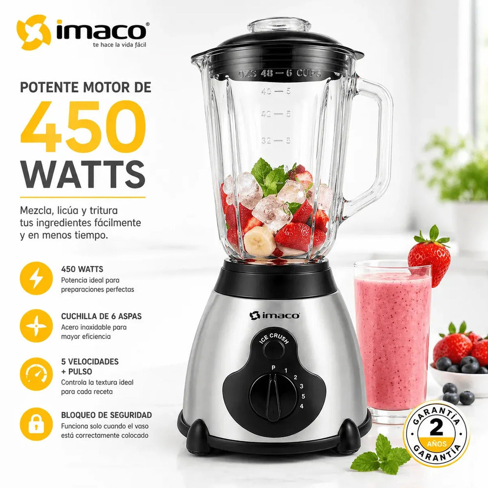 Licuadora Imaco BLS509 1.5L 450W Vaso de Vidrio + 5 Velocidades + Función Pulso