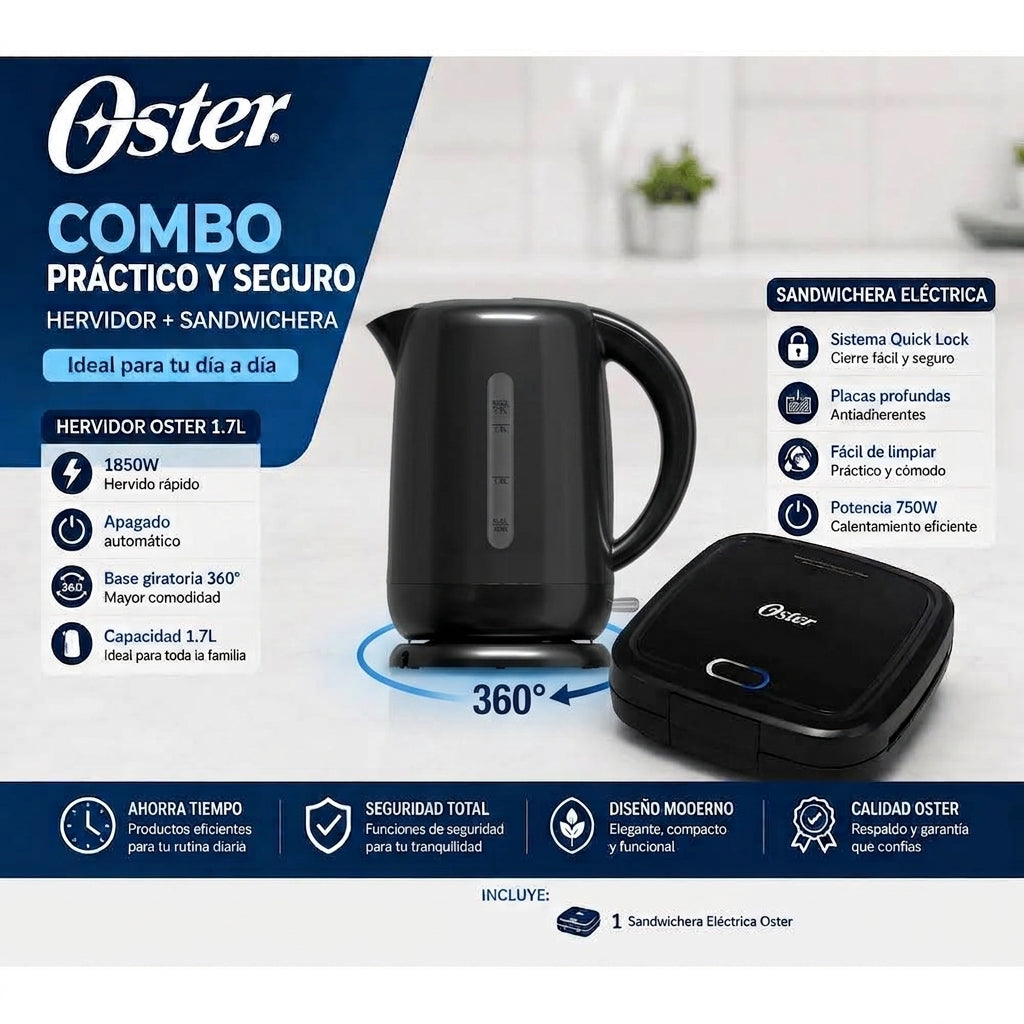 Combo Oster Hervidor Eléctrico 1.7L + Sandwichera Eléctrica Antiadherente Cocina Desayuno