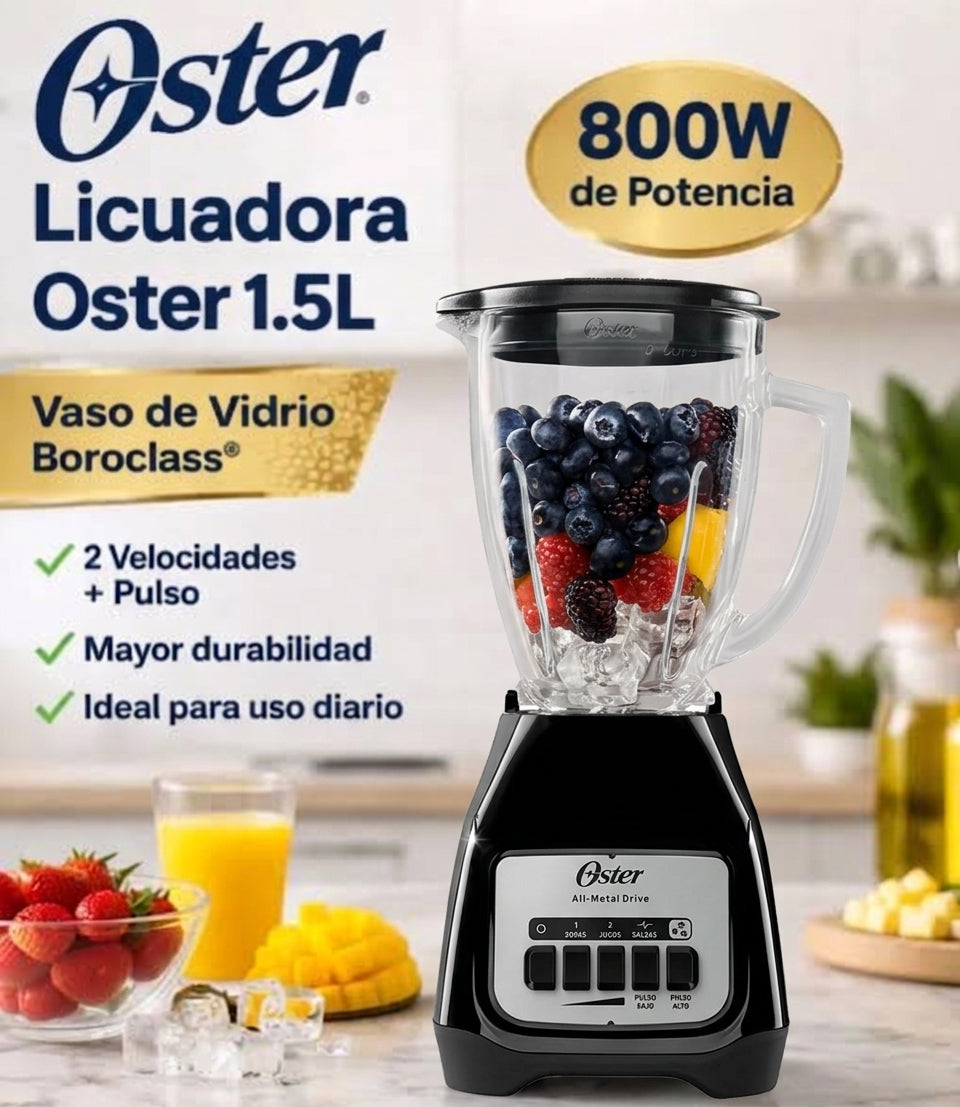 Licuadora Oster 1.5L BLSTKAG-BPB Vaso de Vidrio Boroclass 2 Velocidades + Pulso 800W Negra