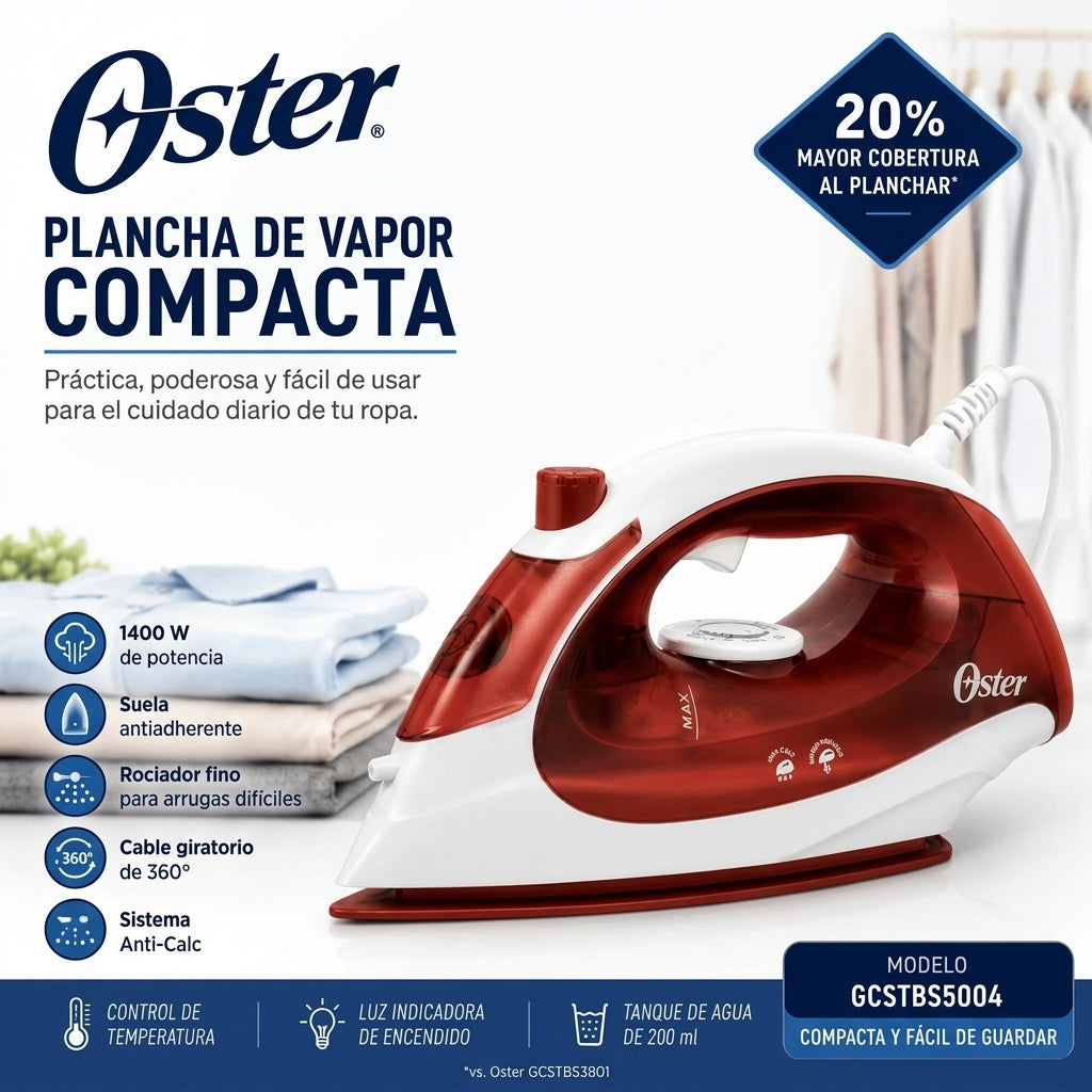Plancha de Vapor Oster GCSTBS5004 Compacta 1400W Suela Antiadherente Cable Giratorio 360°