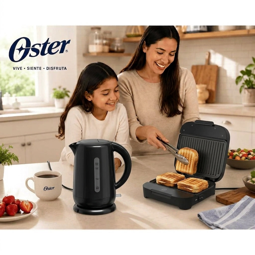 Combo Oster Hervidor Eléctrico 1.7L + Sandwichera Eléctrica Antiadherente Cocina Desayuno