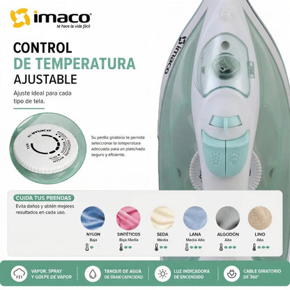 Plancha a Vapor Imaco ETA1615V 1600W Base Cerámica Verde con Spray y Golpe de Vapor