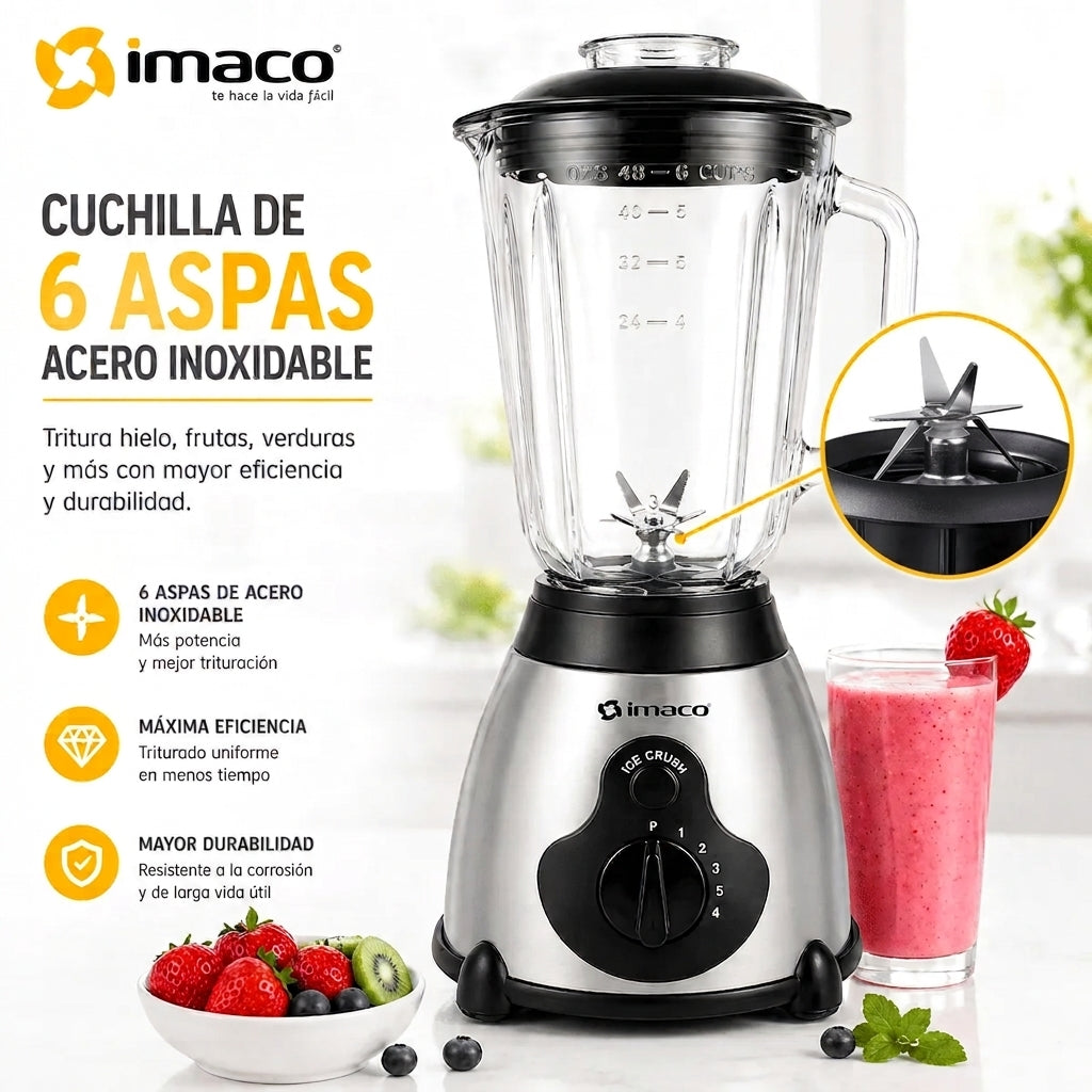 Licuadora Imaco BLS509 1.5L 450W Vaso de Vidrio + 5 Velocidades + Función Pulso