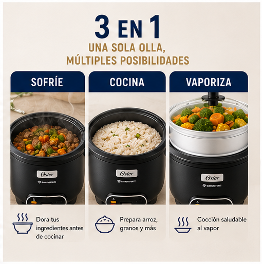 Arrocera Oster 15 Tazas 3 en 1 con Sofrito y Vaporera - Antiadherente DiamondForce CKSTRC15DFBLK