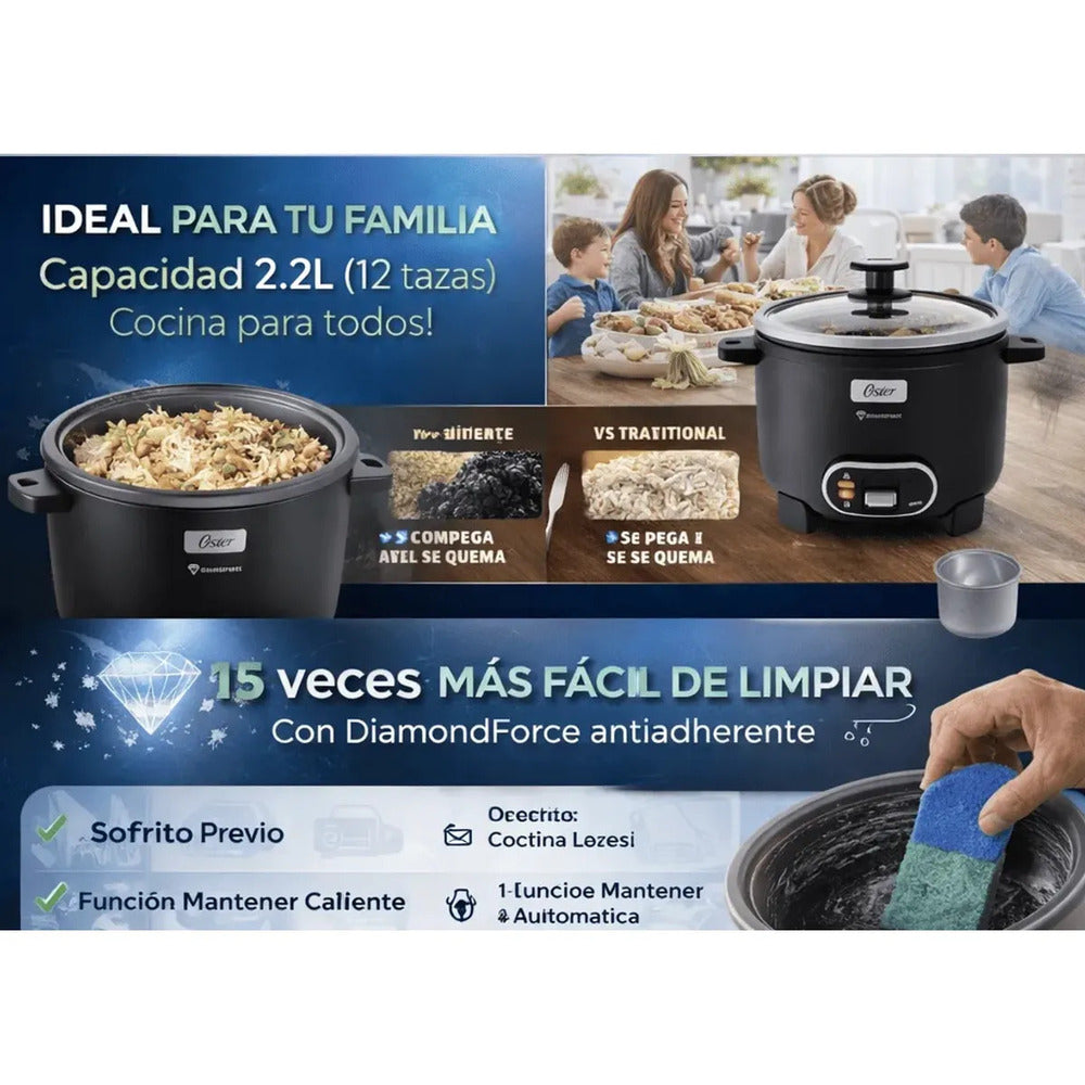 Olla Arrocera Oster 3 en 1 2.2L (12 Tazas) con Sofrito y Vaporera Antiadherente CKSTRC12DFBLK
