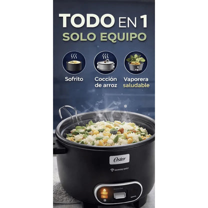 Olla Arrocera Oster 3 en 1 2.2L (12 Tazas) con Sofrito y Vaporera Antiadherente CKSTRC12DFBLK