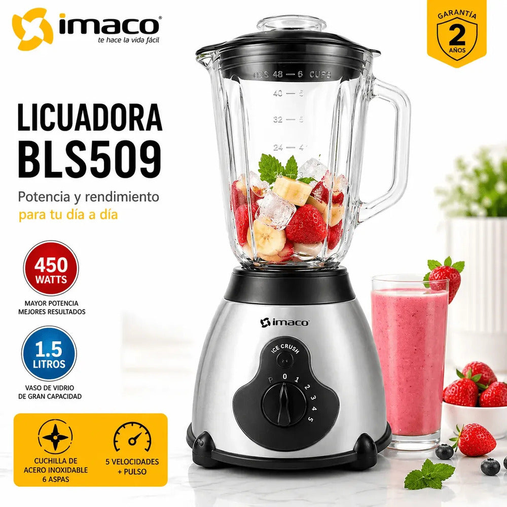 Licuadora Imaco BLS509 1.5L 450W Vaso de Vidrio + 5 Velocidades + Función Pulso
