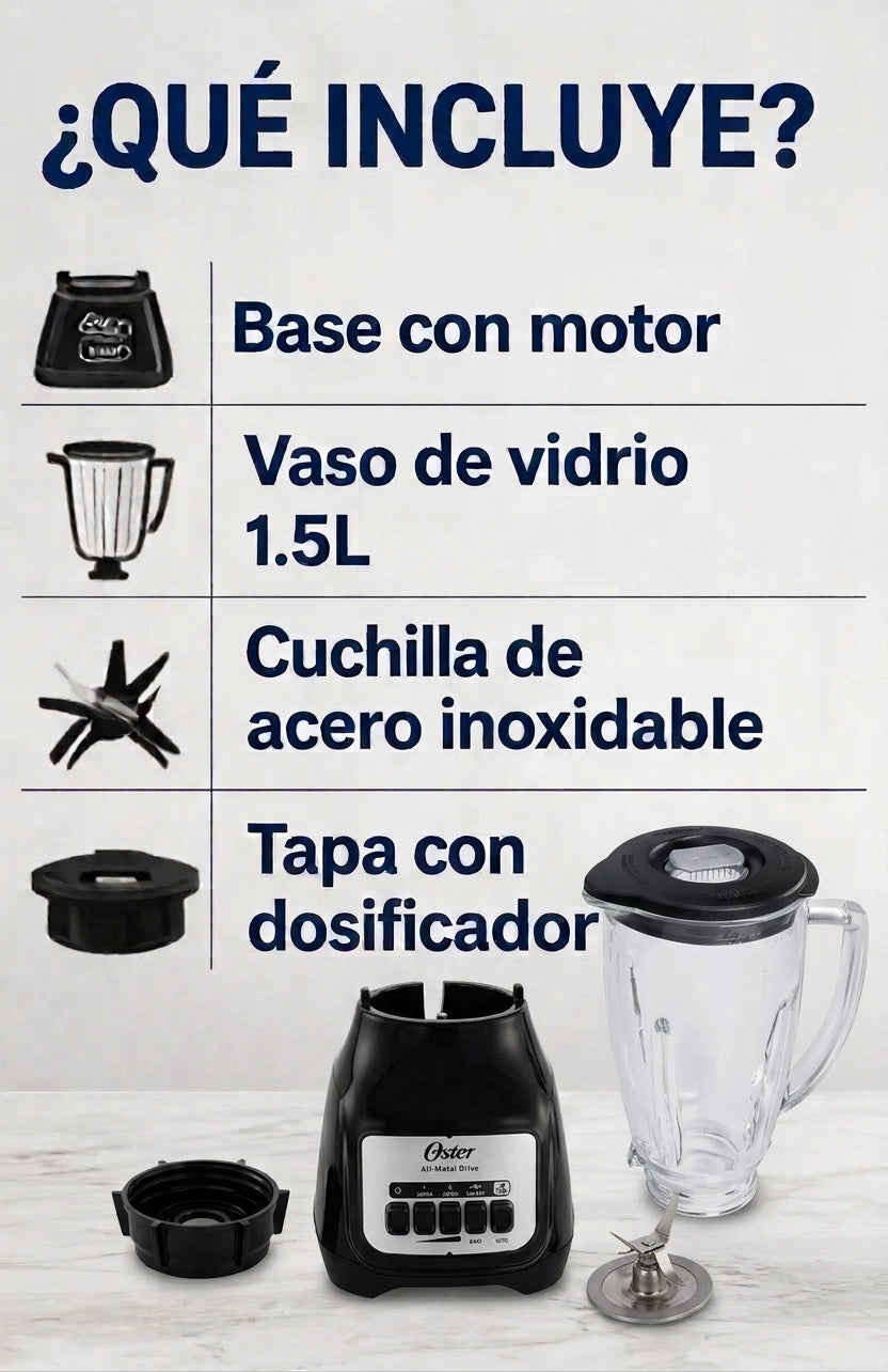 Licuadora Oster 1.5L BLSTKAG-BPB Vaso de Vidrio Boroclass 2 Velocidades + Pulso 800W Negra