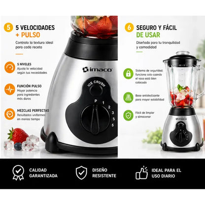 Licuadora Imaco BLS509 1.5L 450W Vaso de Vidrio + 5 Velocidades + Función Pulso