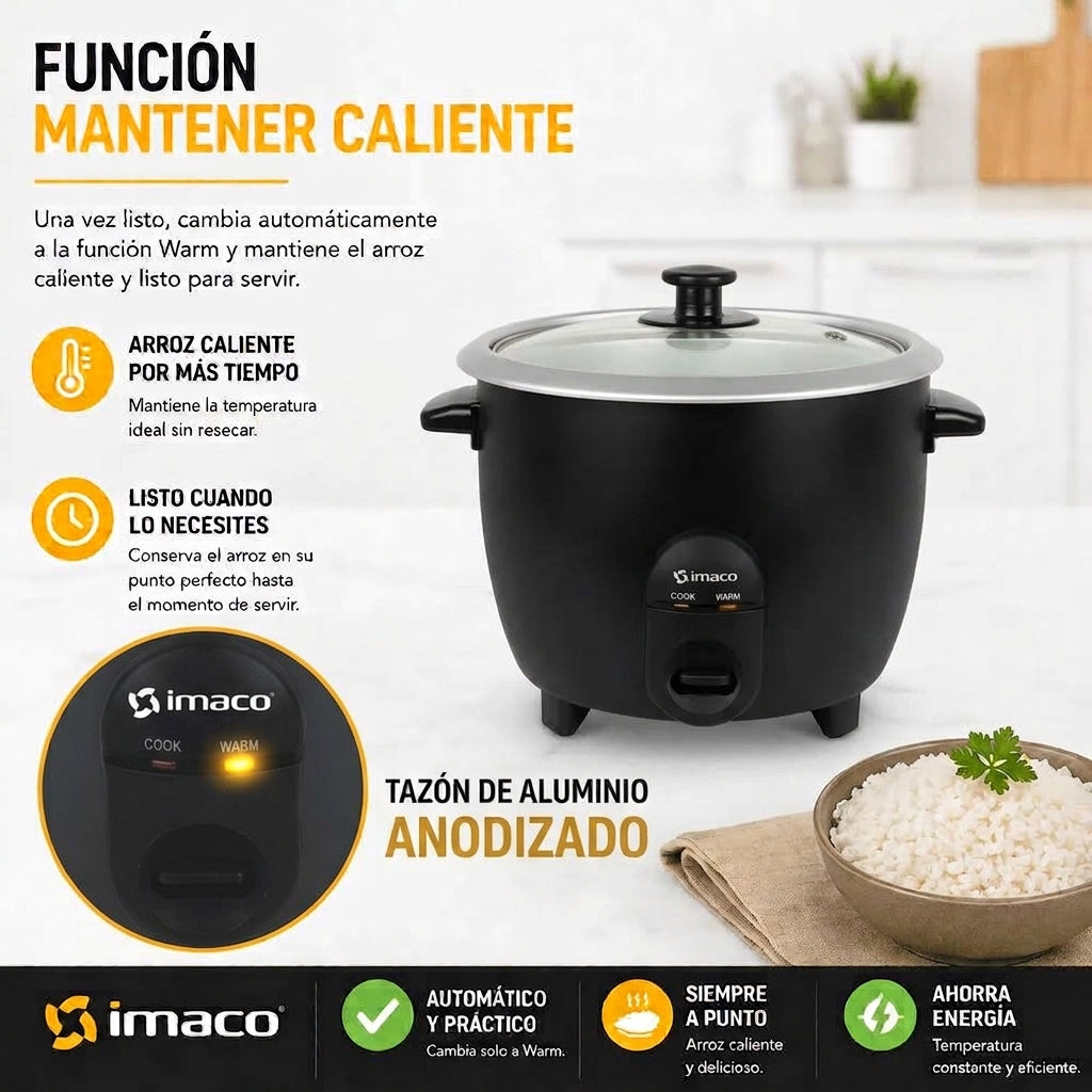 Olla Arrocera Imaco RC15N 1.5L 500W  Cocina Automática + Función Mantener Caliente  Incluye Taza y Cuchara