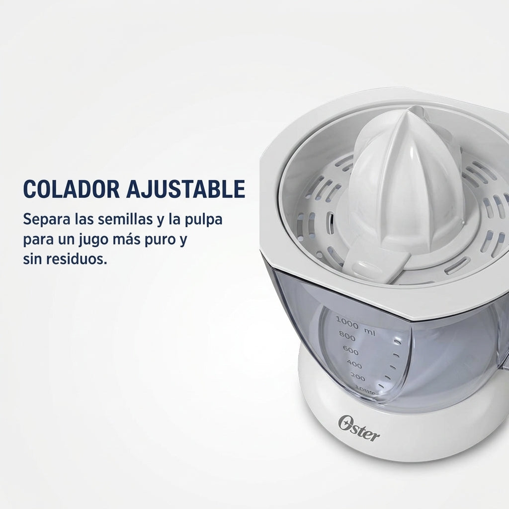 Exprimidor de Cítricos Oster 1L FPSTJU407W Automático + 2 Conos - Jugo Natural Sin Semillas Blanco