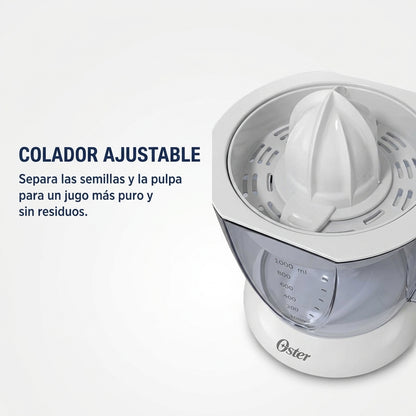 Exprimidor de Cítricos Oster 1L FPSTJU407W Automático + 2 Conos - Jugo Natural Sin Semillas Blanco