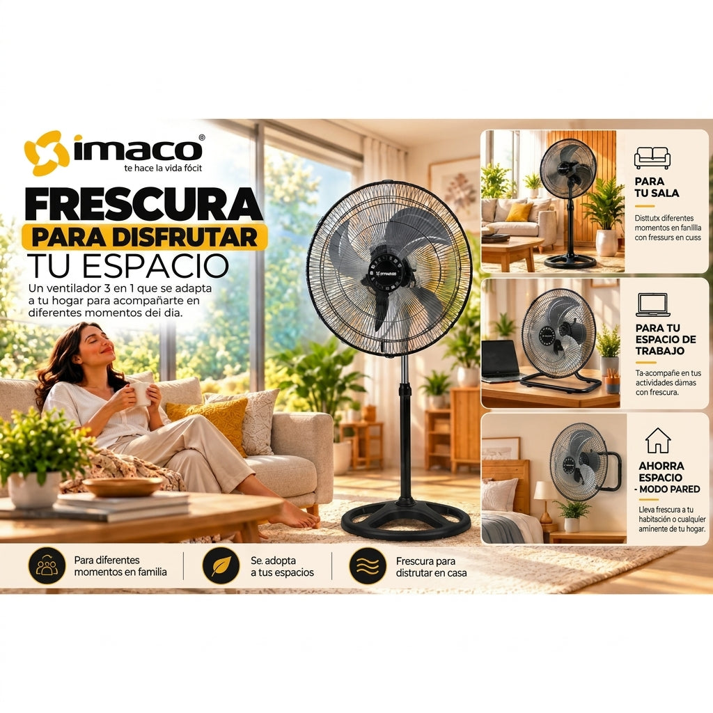 Ventilador Imaco 3 en 1 FSM2060 20" 60W Pedestal Mesa y Pared