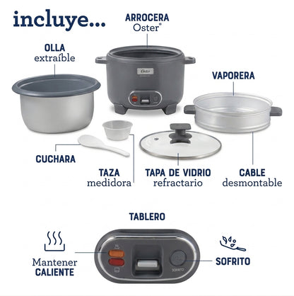 Olla Arrocera Oster 3 en 1 2.2L (12 Tazas) con Sofrito y Vaporera Antiadherente CKSTRC12DFSKE