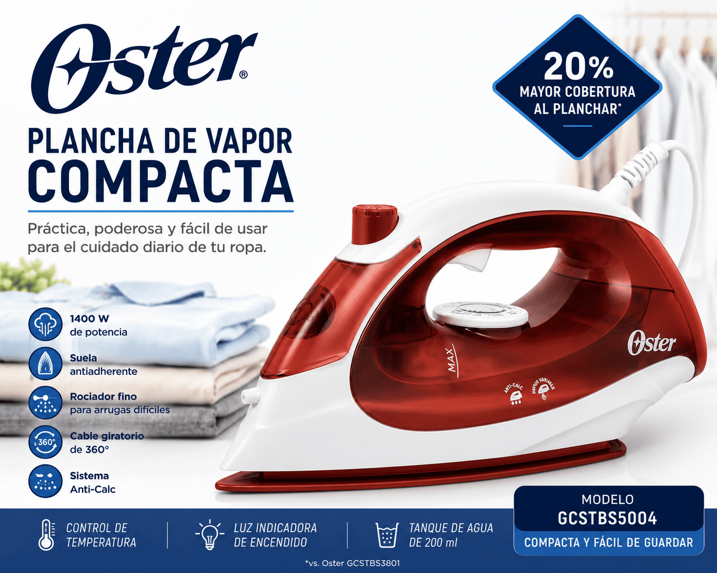 Plancha de Vapor Oster GCSTBS5004 Compacta 1400W Suela Antiadherente Cable Giratorio 360°