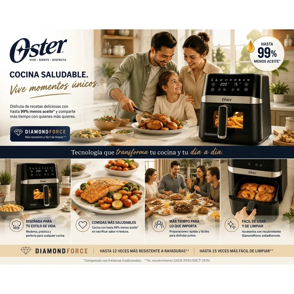 Freidora de Aire Digital Oster DiamondForce 4L con Ventana y Luz Interna CKSTAF40WDDF