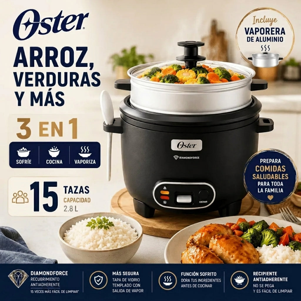 Arrocera Oster 15 Tazas 3 en 1 con Sofrito y Vaporera - Antiadherente DiamondForce CKSTRC15DFBLK