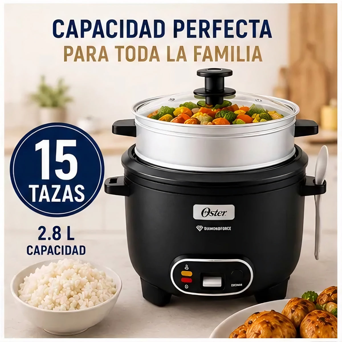 Arrocera Oster 15 Tazas 3 en 1 con Sofrito y Vaporera - Antiadherente DiamondForce CKSTRC15DFBLK